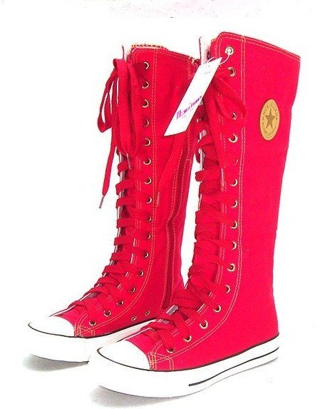 red flat knee high boots