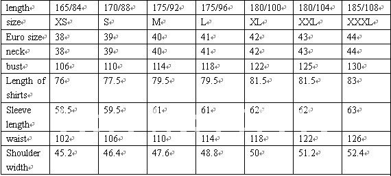 size chart of shirts