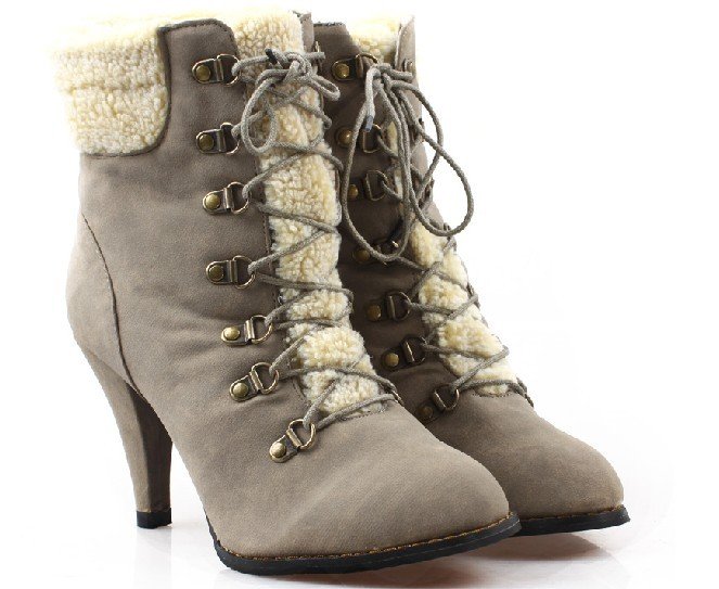 Ladies Grey Leather Lace-up High Heel Boots