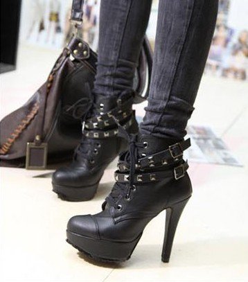Women's Black Roman High-heels Removable Rivets Band Lace-up Ankle Boots Shoes