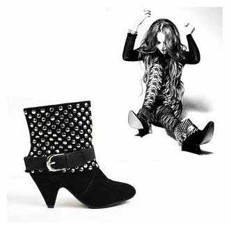 Ladies Fashion Europe Sexy Black Full Rivets Suede High Heels Ankle Boots