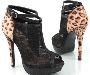 Ladies Artifical Leather Lace Vamp Leopard Buckle Strap High Heels Ankle Shoes