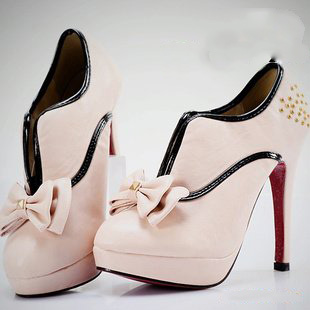 Women's PU Round Toe Bow Rivet High Heels Ankle Boots