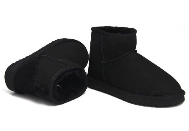 Lady's Black Genuine Leather Wool Ankle Snow Boots