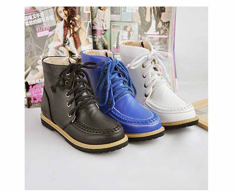 PU Leather Zipper Flat Heel Lace Up Ankle Boots