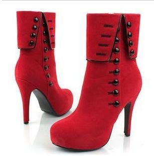 Lady's Red PU High Heel Buttons Water Proof Ankle Boots