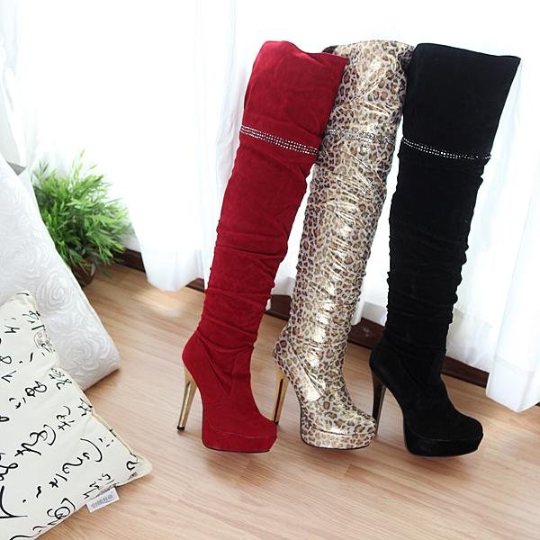 Women PU Skidproof High Heels Platform Thigh Knee High Boots