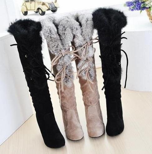 Rabbit Fur Collar Lace-up High-heeled Ladies Knee High Boots