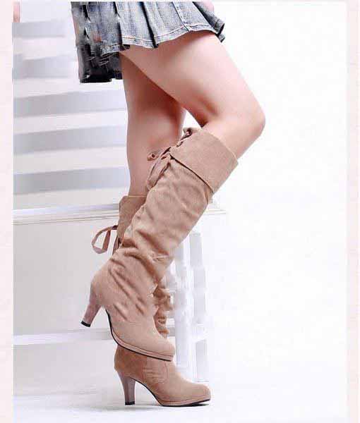 Women Suede High Heels Lace-up Thigh Knee High Boots
