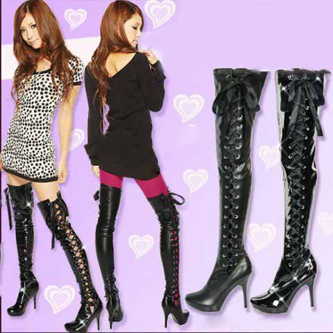 Black High Heel Patent Leather Sexy Lace-up Knee High Boots