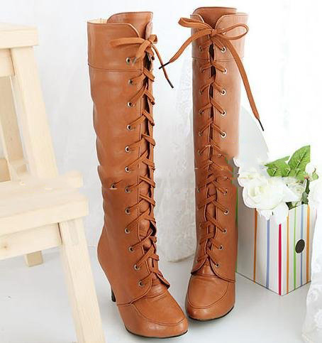 Women's Classic Waterproof Lace-up PU High Heel Knee Boots