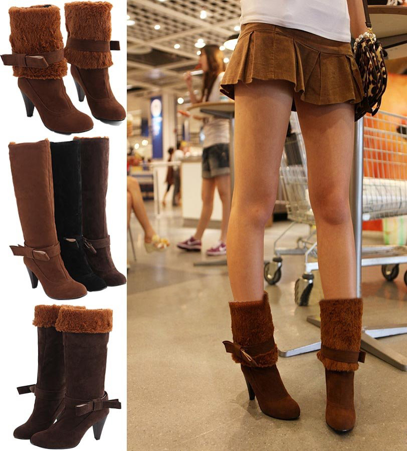 Women's Classic Matte Suede High Heel Knee Snow Boots
