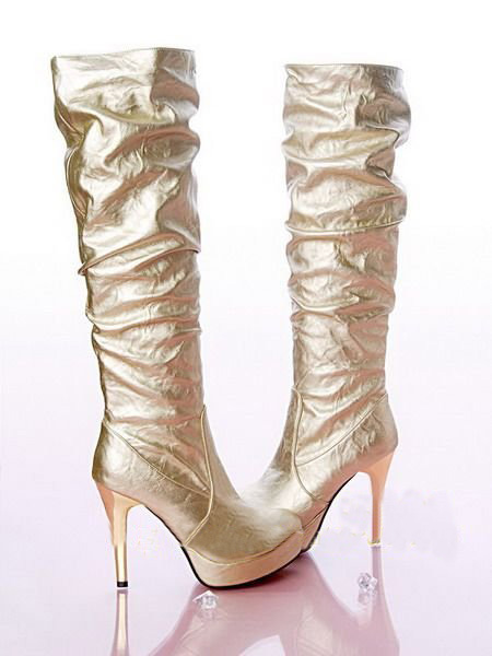 Women Gold Sexy PU Leather High Heel Platform Knee Boots