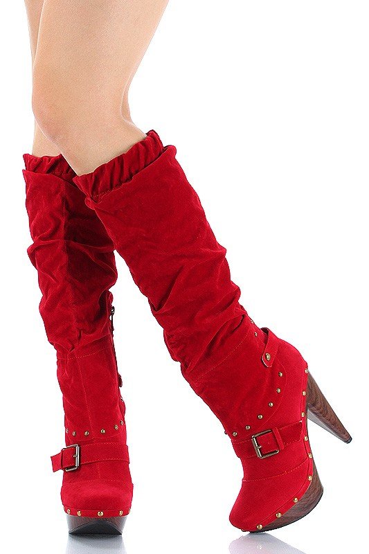 Red With Zippers Middle Heel Women's Knee High Boots
