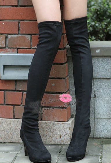 Black With Zipper Cotton & PVC Women's Knee High Boots