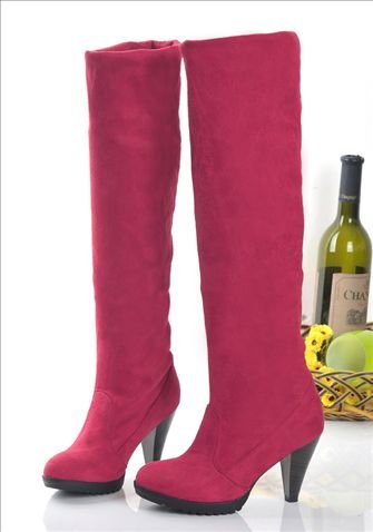 Red Leather & Cotton Windproof Women's Knee High Boots