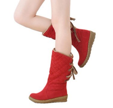 Red Lace-up Canvas Women's Knee High Boots