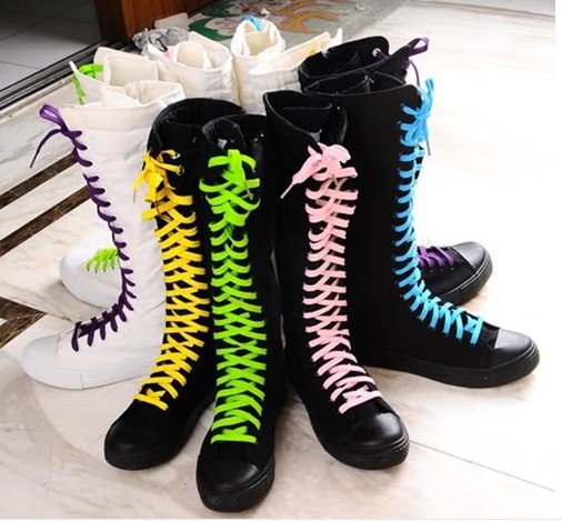 Punk Gothic Black White Canvas Sneakers Sexy Female Knee High Boots