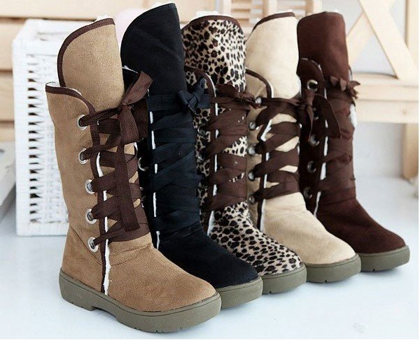 PVC & Cotton Lace-up Knee-length Snow Boots