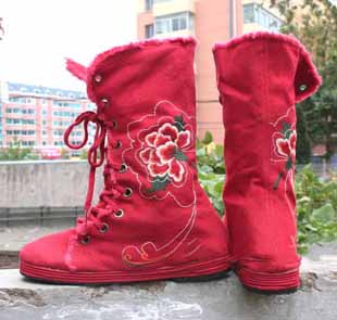 Wine Red Canvas Lace-up Thigh-High Boots