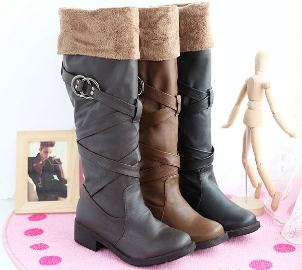 Leather & Cotton Flat Bottom With Decorations Thigh-High Boots
