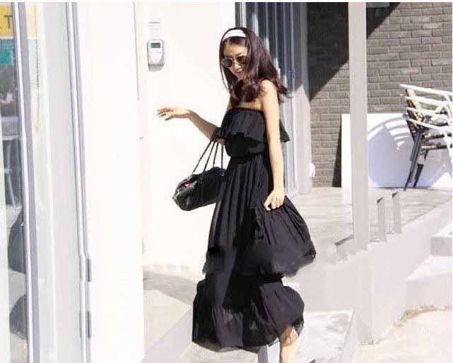 Anti - Static Chiffon Black Red Nylon / Cotton Washable Cap Sleeve Women Dresses