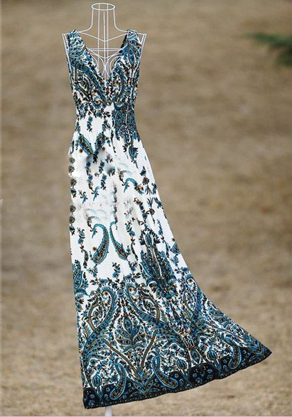 White & Green Double-Wide Shoulder Straps Cashew Flowers V-neck Dress