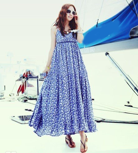 Grace Blue Flowers Printed Spaghetti Strap Dress