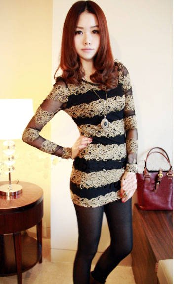 Lace Chiffon Long Sleeve With Horizontal Stripes Dresses