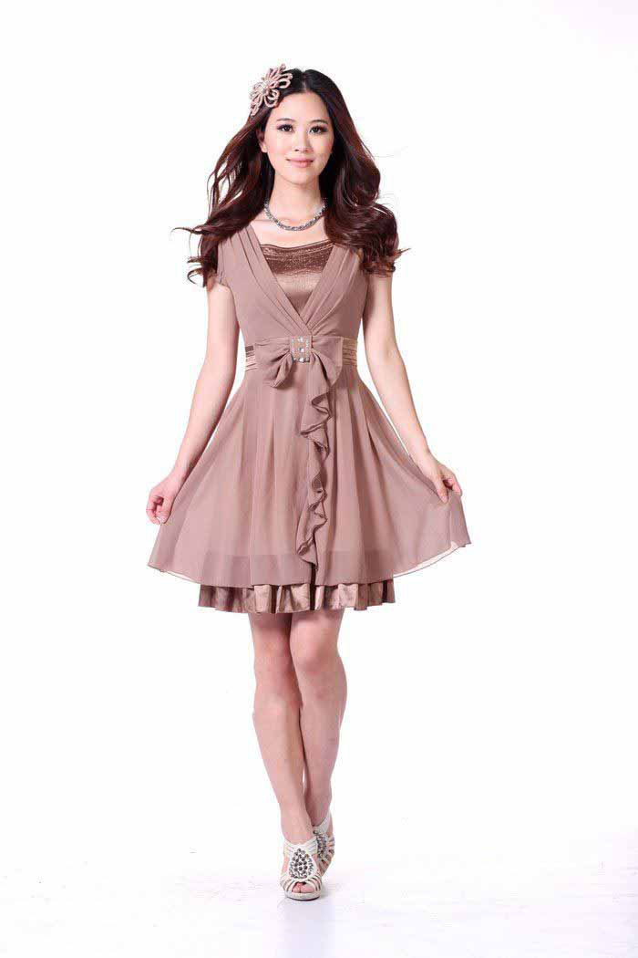 Light Brown Short Sleeve With Ribbons Skirts