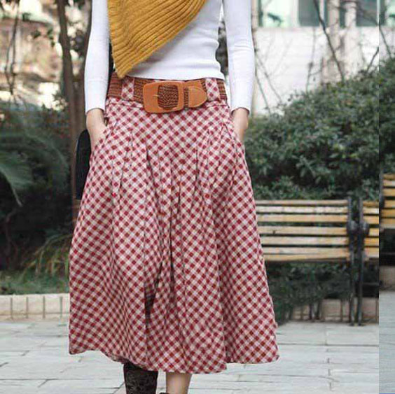 Spring Fall Tea-length Cotton Plaid Skirt