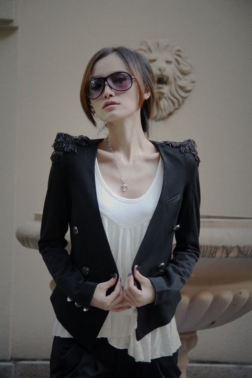 Ladies' Fitted Beaded Shoulder Shrug Slim Military Style Double-breasted Coats
