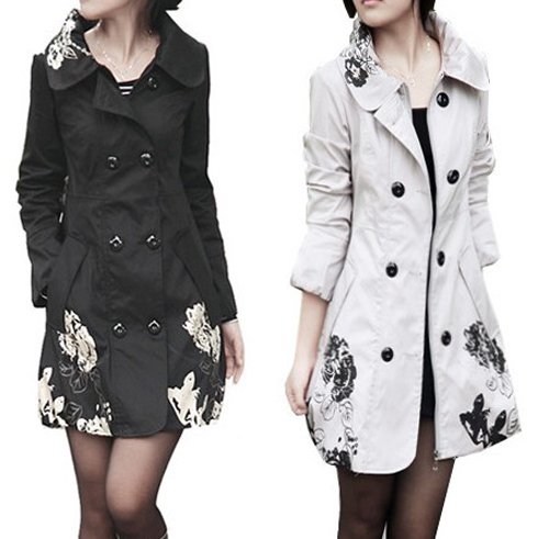 Women's Lapel Flowers Print Double-breasted Long Trench Coat