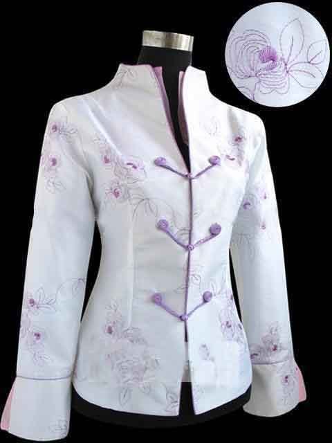 Charming Chinese Women's White Cotton Embroidered Windproof Jacket