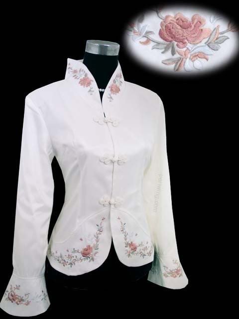 Women's Chinese White Nylon / Cotton Embroidered Cheongsam Coat