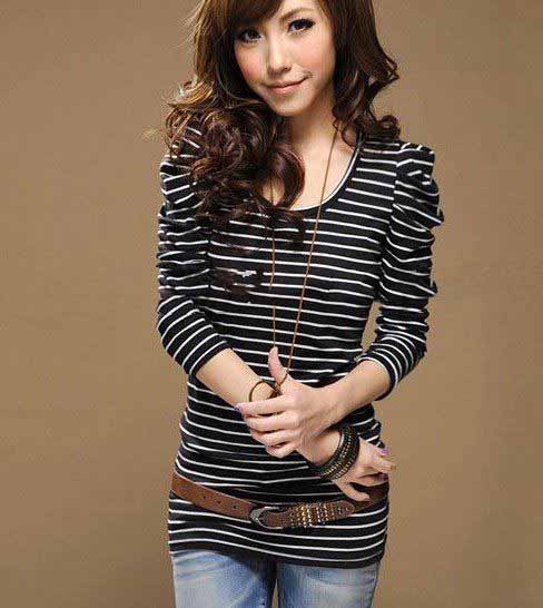 Women's Good Elastic Puff Long Sleeve Top Wear O-Neck T-Shirts