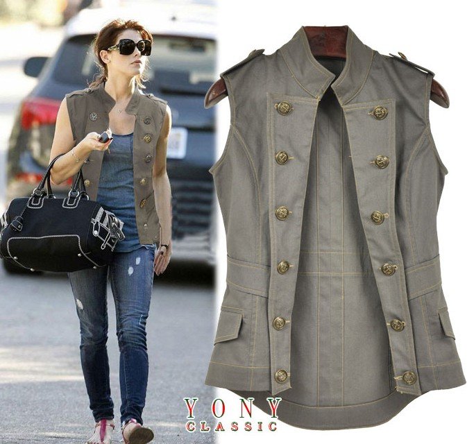 Metal Button Ladies' Weskit Windproof Waistcoat - US$49.00