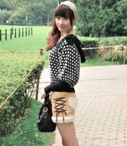 Women's Corduroy Cross Lacing Winter Lantern Lamb Wool Shorts