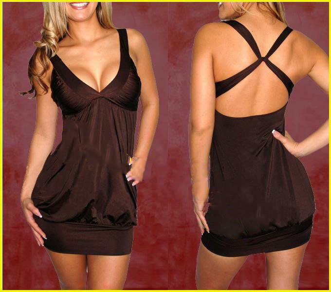 Brown V-neck Cross-Strap Clubwear Cocktail Party Mini Sexy Dress