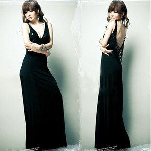 Lady's Ankle-length Black V-neck Backless Sleeveless Evening Dress