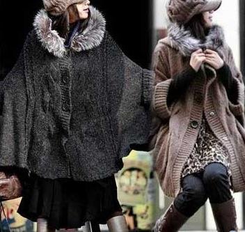 Top Noble Women's Poncho Hoody Wool Fur Coat