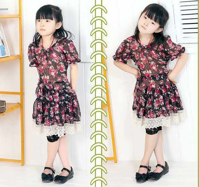 Short Sleeve With Ribbons Floral Chiffon Baby Skirts
