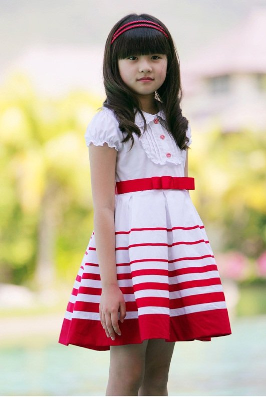 Girls Pure Cotton Red Stripes White Lapel Knee Length Skirt