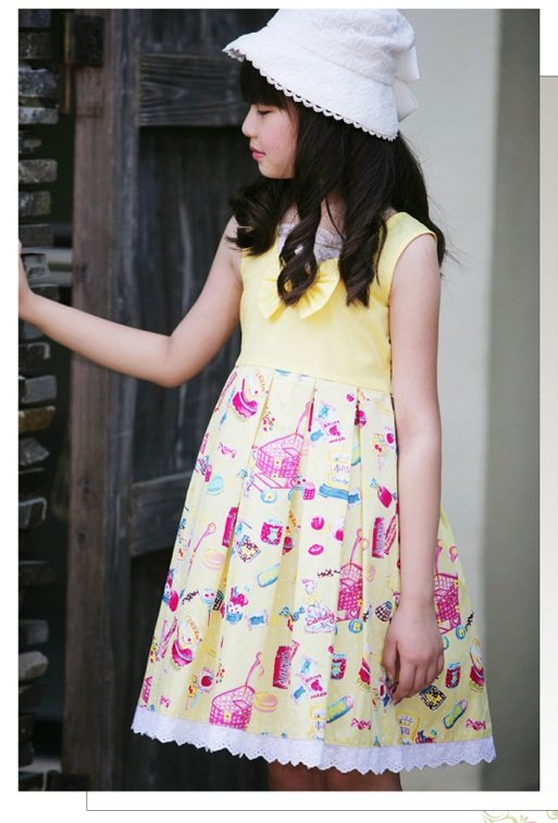 Yellow Lace Girls Cotton Sleeveless Bowknot Knee-length Skirts