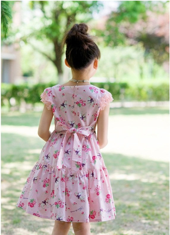 Pink Lace Girls Cotton Short Sleeve Bowknot Knee-length Skirts