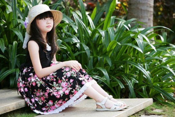Black Lace Girls Cotton Short Sleeve Bowknot Knee-length Skirts