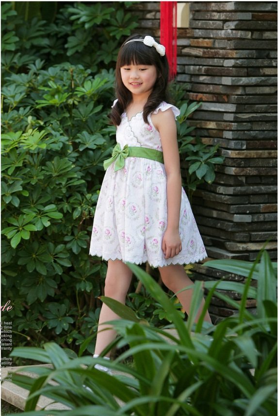 Lace Girls Cotton Short Sleeve Bowknot Knee-length Skirts