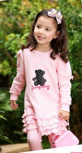 Children's Cotton Pink Even Cap Long Sleeves Bear Design Lace Skirt