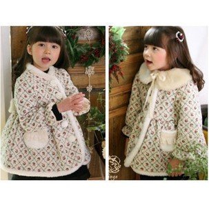 Girls' Cotton Fleece Reversible Waterproof Cold-proof Cashmere Removable Collar Square & Full of Small Flower Skirt Shape Coat