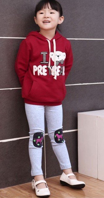 Children's Anti-Wrinkle Breathable Windproof Bear Design Hooded Crimson T-shirt